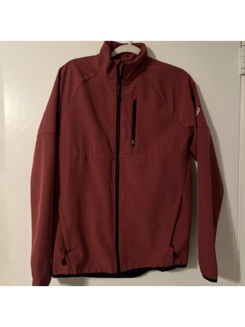 Asics soft shell jacket zip up sweater coat red Maroon Men’s Lined Raspberry red